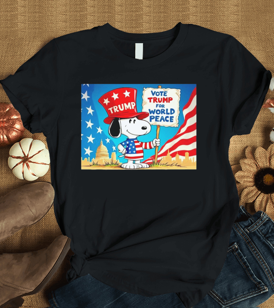 Snoopy Trump Hat Vote Trump for World Peace Cartoon Capitol Flag Background T-Shirt