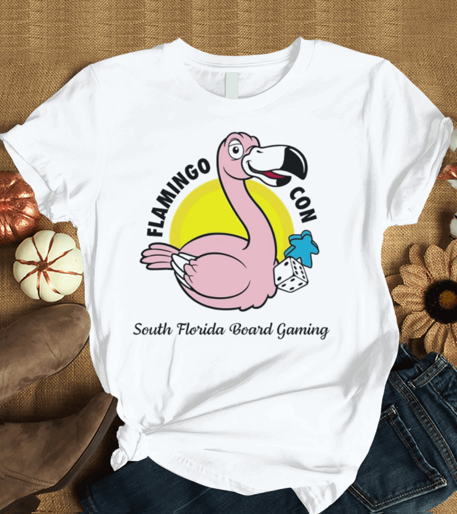 FlamingoCon South Florida Board Gaming Event with Dice and Meeple T-Shirt