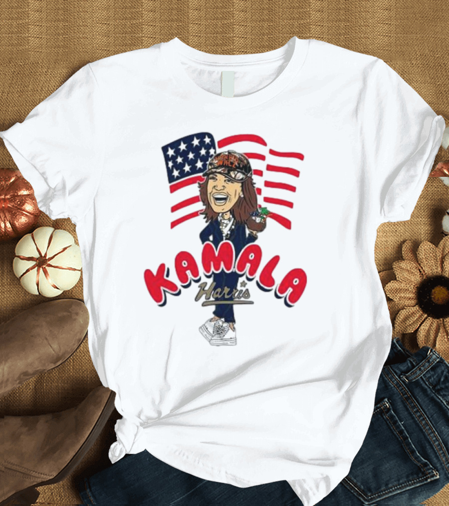 Kamala Harris Caricature with Coconut and USA Flag T-Shirt