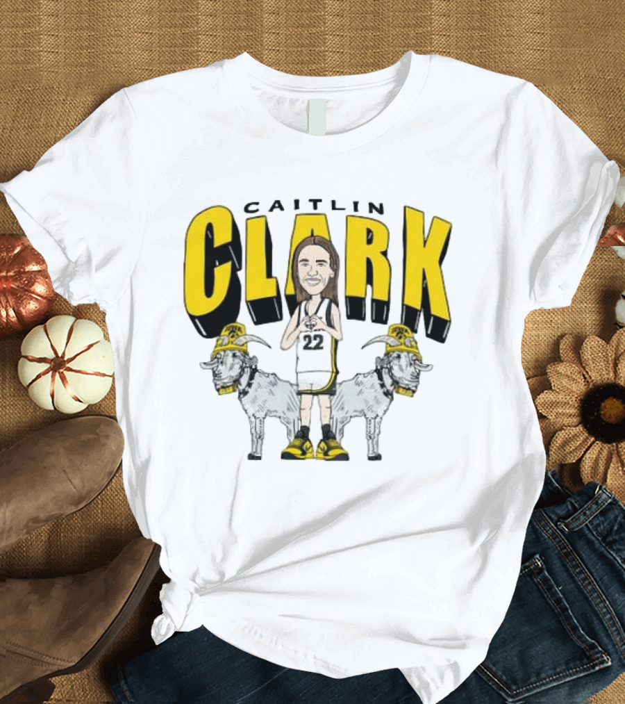 Iowa Hawkeyes Caitlin Clark 22 Caricature with Goats and Heart Hands T-Shirt