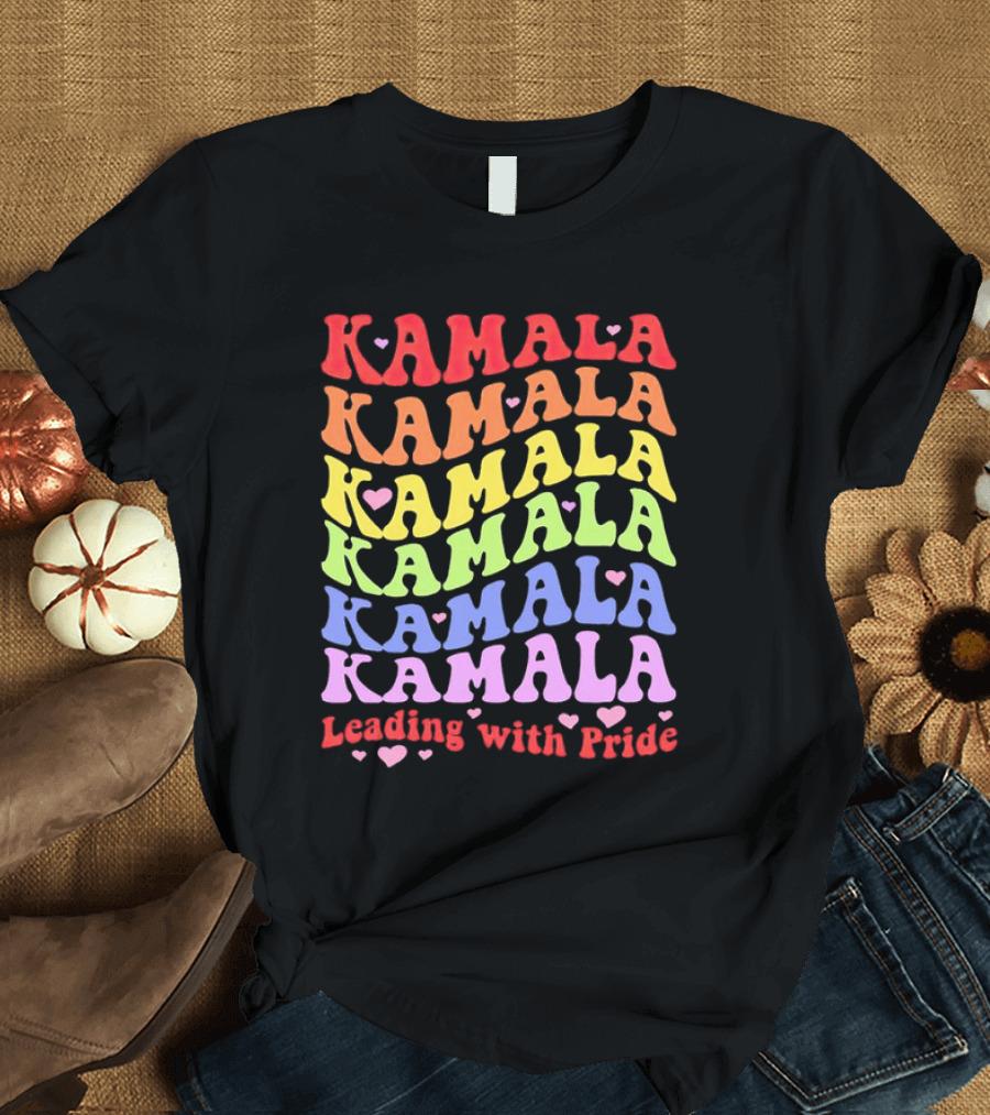 Kamala Kamala Kamala Leading with Pride Rainbow Heart T-Shirt