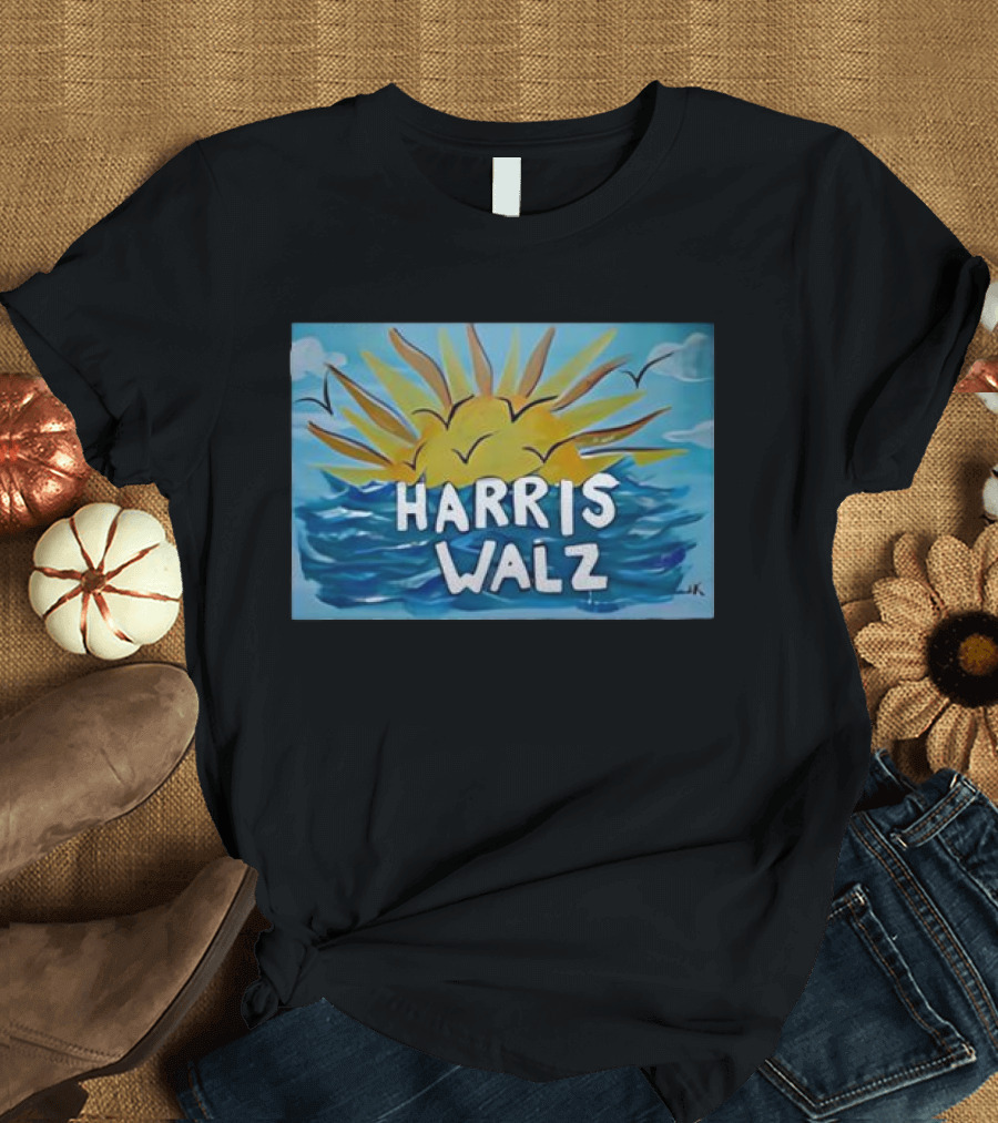 Harris Walz Sun Rising Over Blue Waves Background T-Shirt