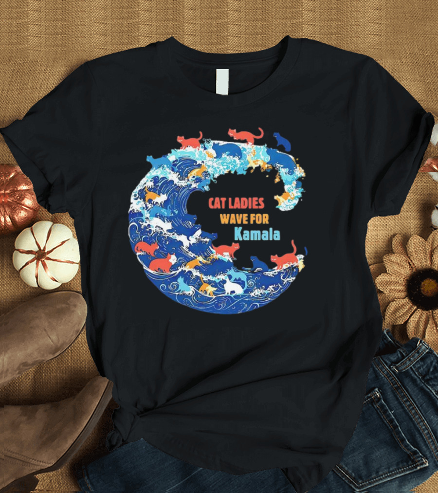 Cat Ladies Wave for Kamala in Colorful Ocean Cats T-Shirt