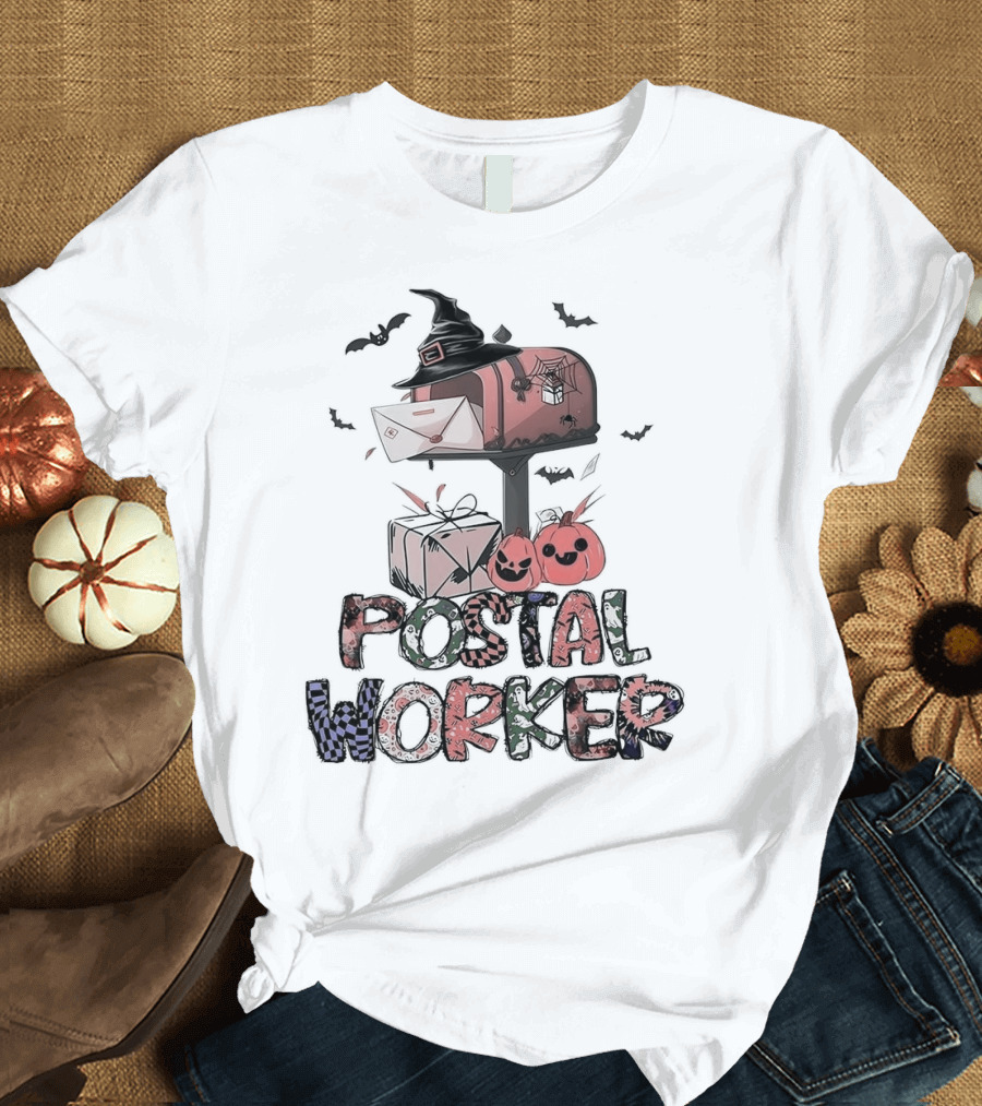 Postal Worker Halloween Mailbox Witch Hat Pumpkins Bats T-Shirt