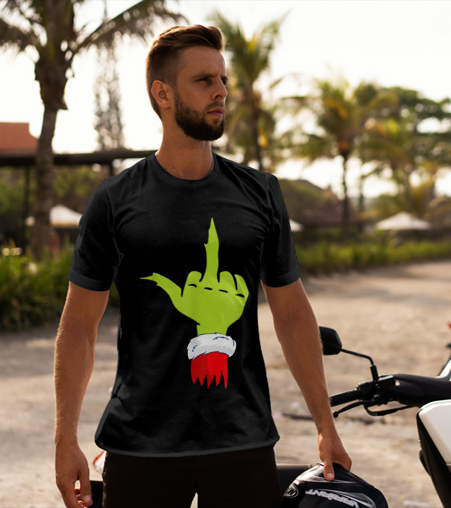 Grinch Middle Finger Merry Christmas Santa Hand Gesture T-Shirt