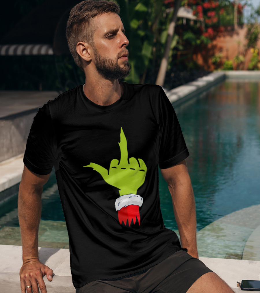 Grinch Middle Finger Merry Christmas Santa Hand Gesture T-Shirt