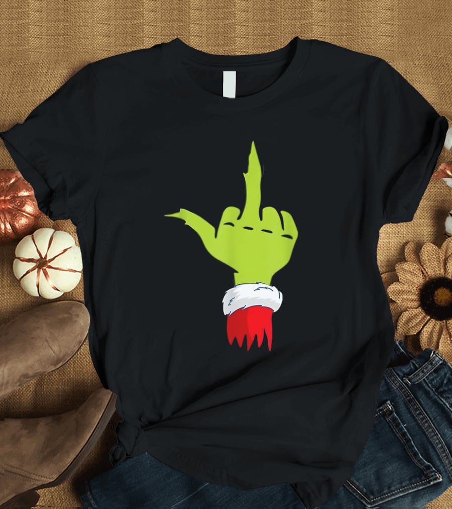 Grinch Middle Finger Merry Christmas Santa Hand Gesture T-Shirt