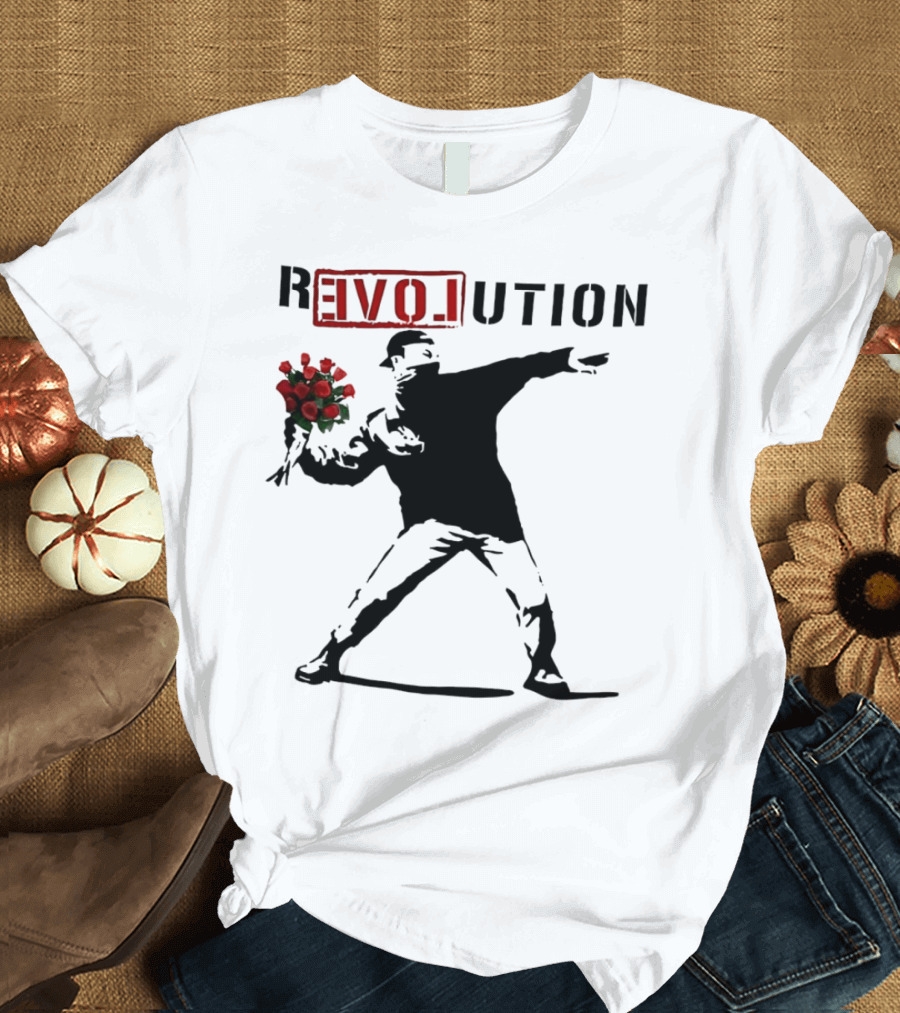 Revolution Rage Flower Thrower Banksy Stencil Roses T-Shirt