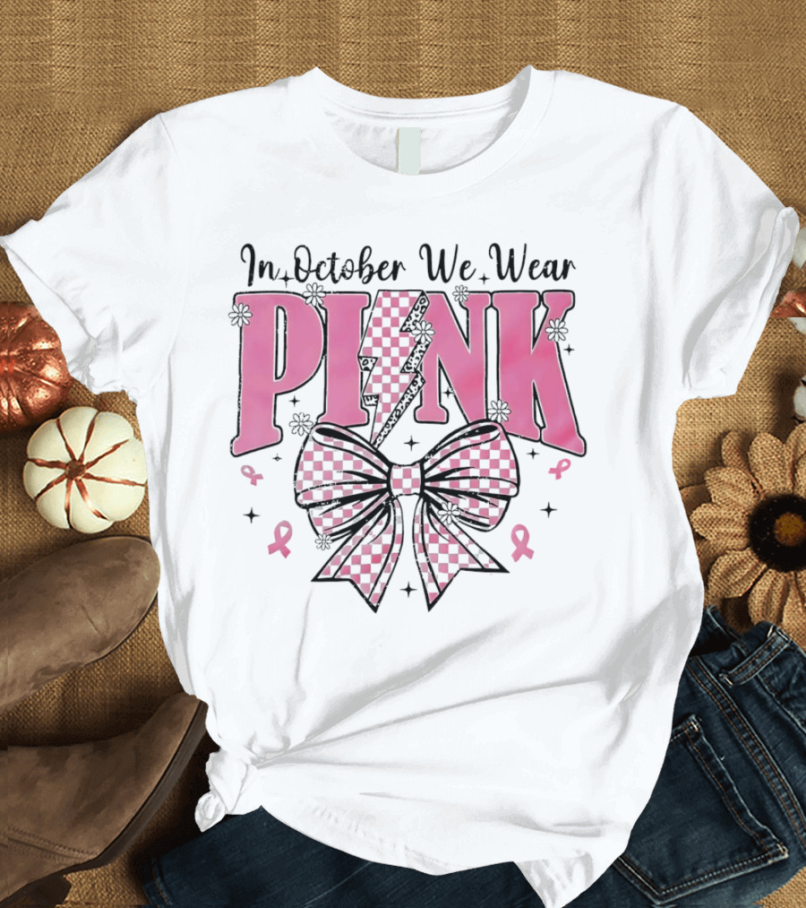 In October We Wear Pink Checkered Bow Lightning T-Shirt