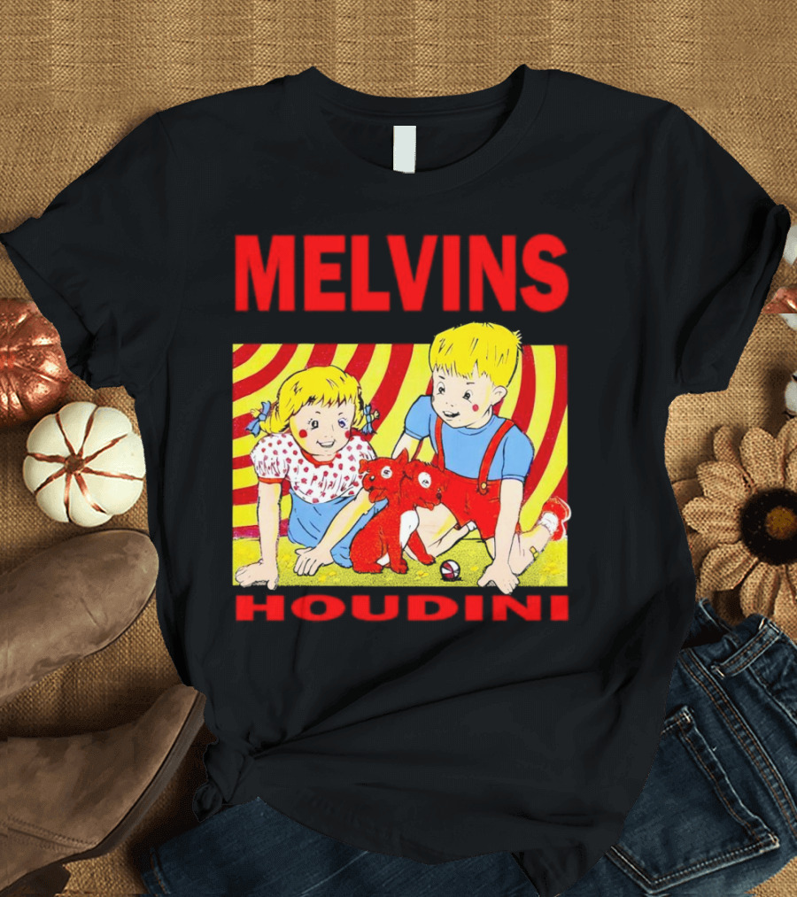 Melvins Houdini Late 00s Jerks Kids with Red Dog and Swirling Red Yellow Background T-Shirt