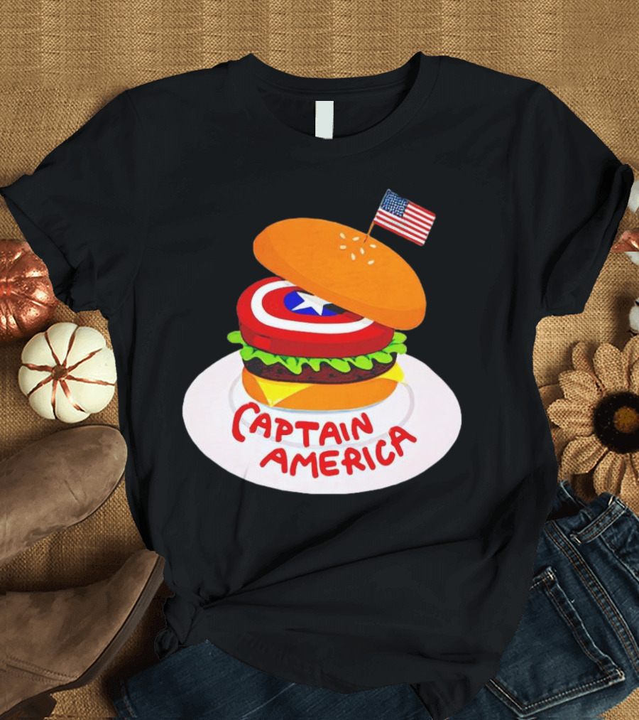 Captain America Burger with Flag and Shield Lettuce Bun T-Shirt