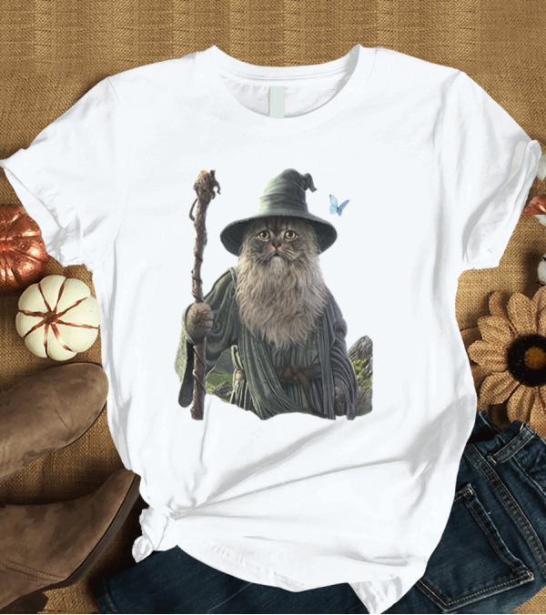 T-Shirt: Cat The Mountain Wizard Catdalf Cat with Staff and Hat T-Shirt Cat The Mountain Wizard Catdalf Cat with Staff and Hat T-Shirt