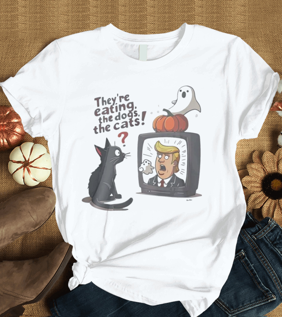 They’re Eating the Dogs the Cats Halloween TV Pumpkin Ghost Cat T-Shirt
