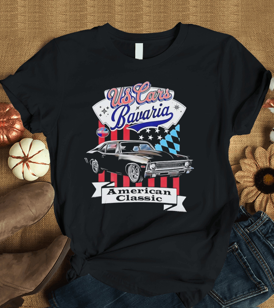US Cars Bavaria American Classic with Black Muscle Car and Checkered Flags T-Shirt