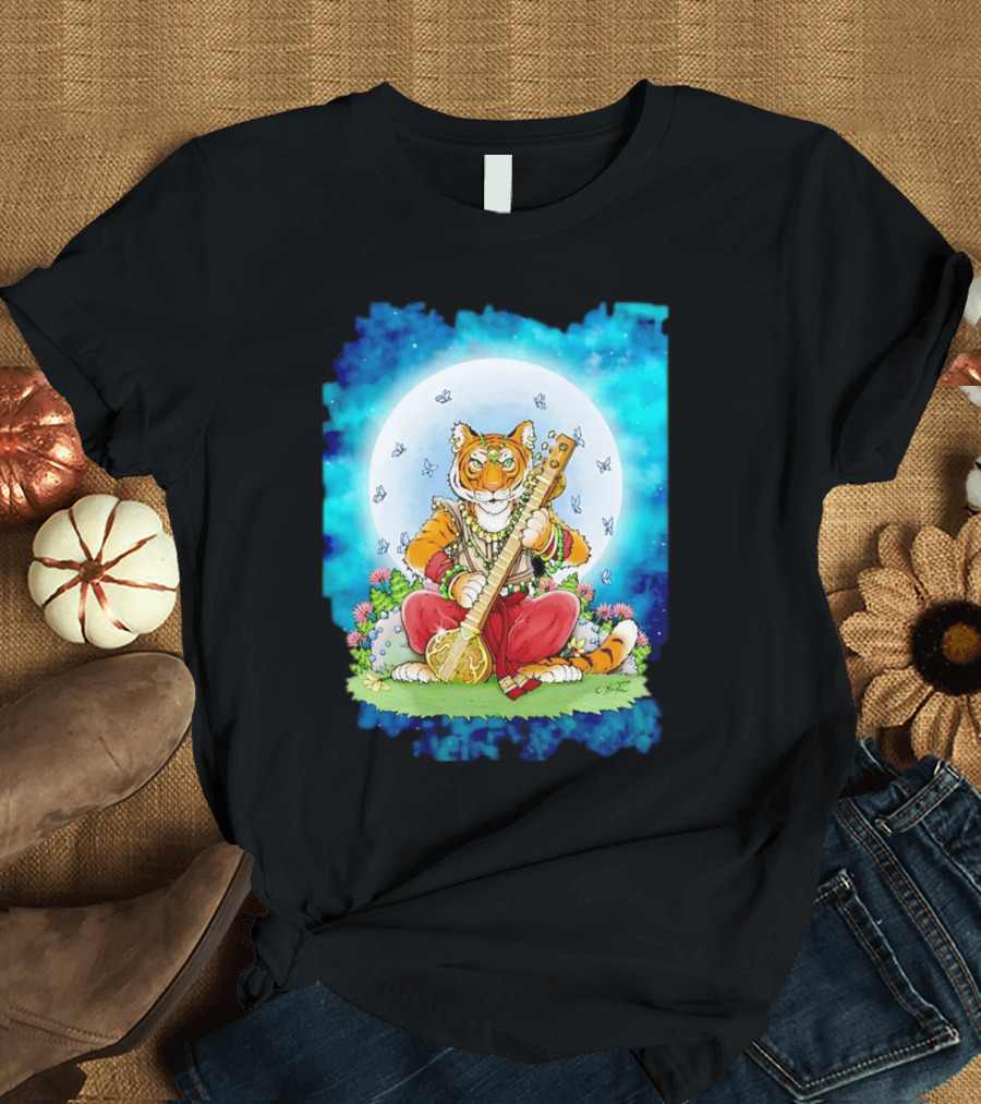 Tiger Playing Sitar Under Moonlit Sky T-Shirt