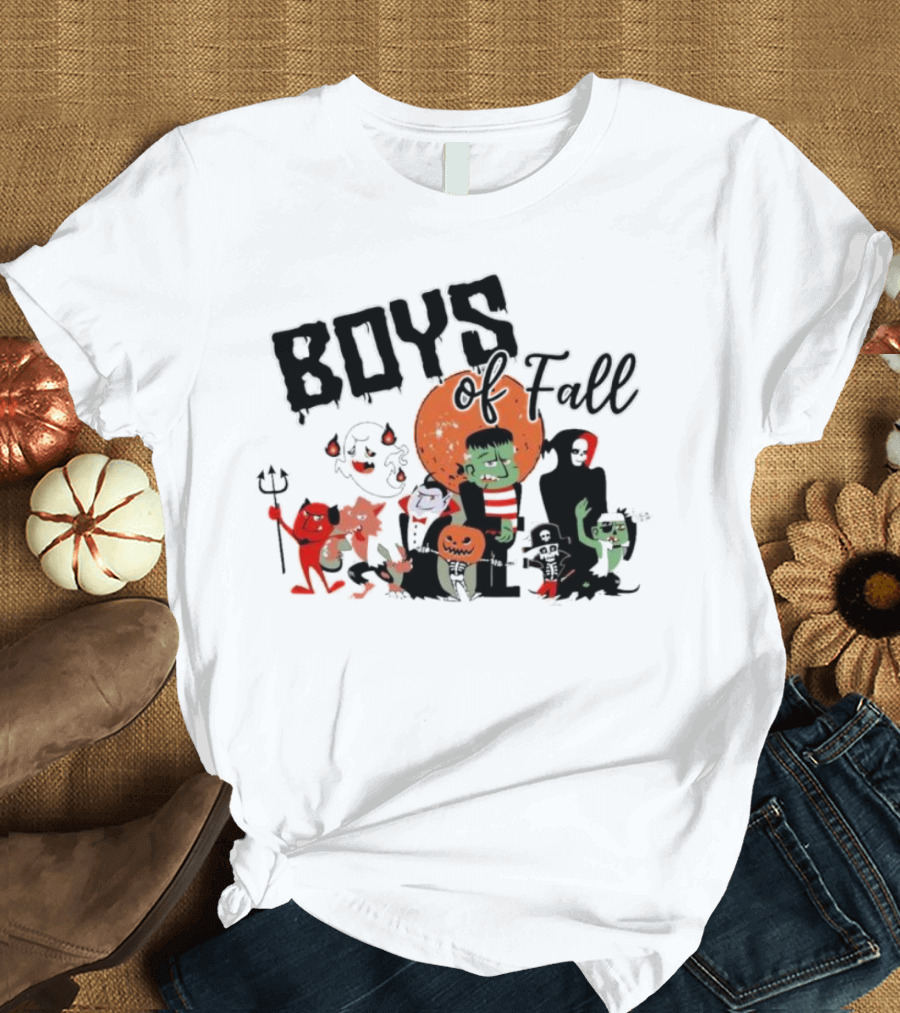 Boys of Fall Halloween Characters with Classic Monsters and Pumpkins T-Shirt