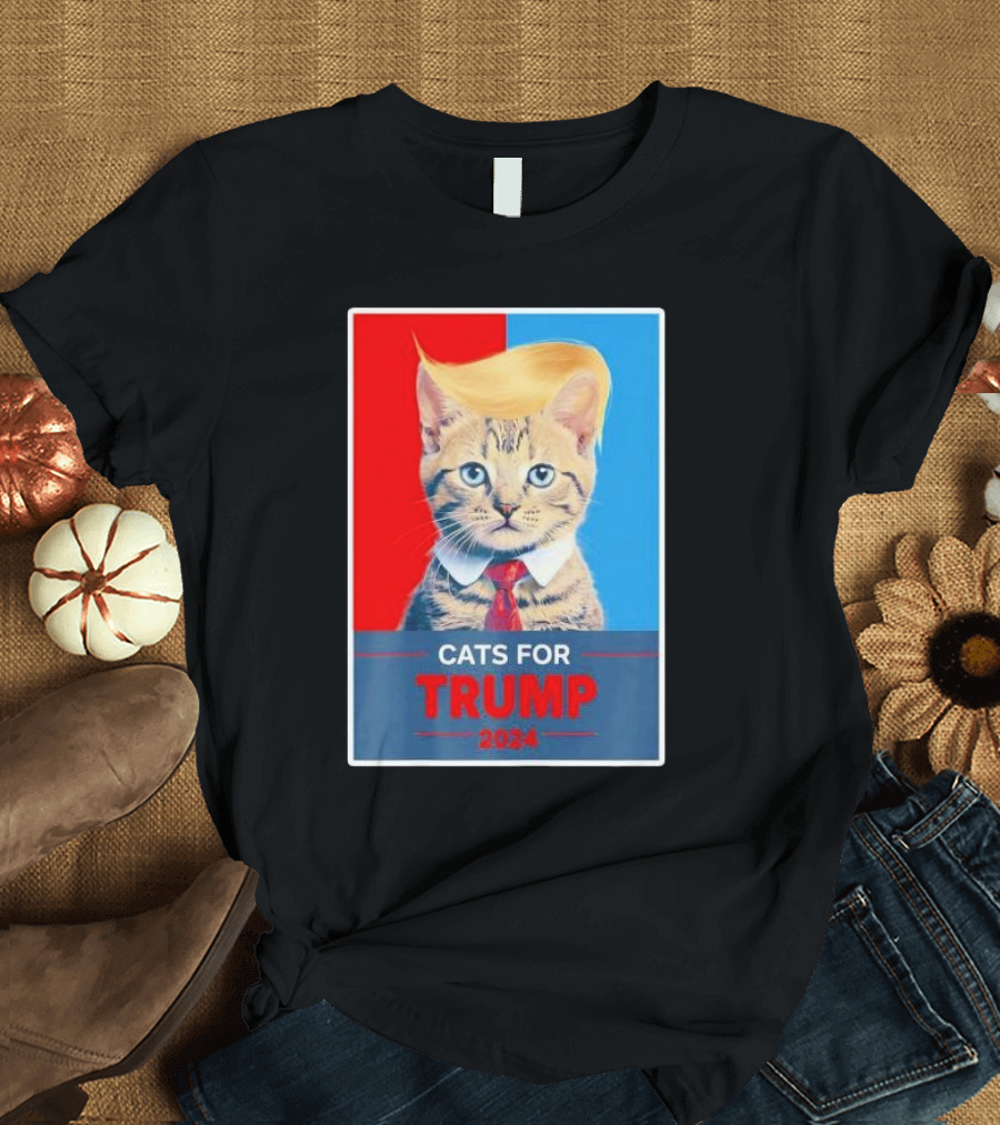 Cats for Trump 2024 Election Red and Blue Split Background with Cat in Suit and Tie T-Shirt