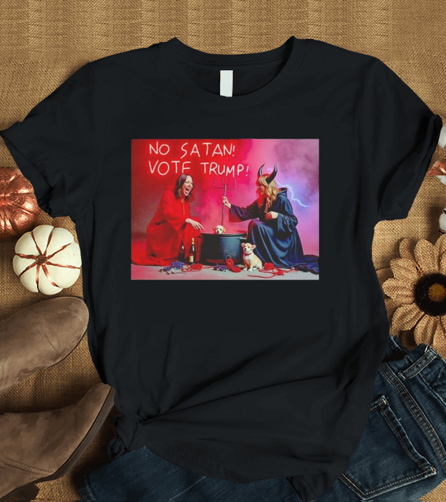 No Satan Vote Trump Red and Black Robes Devil Horns and Pitchfork T-Shirt