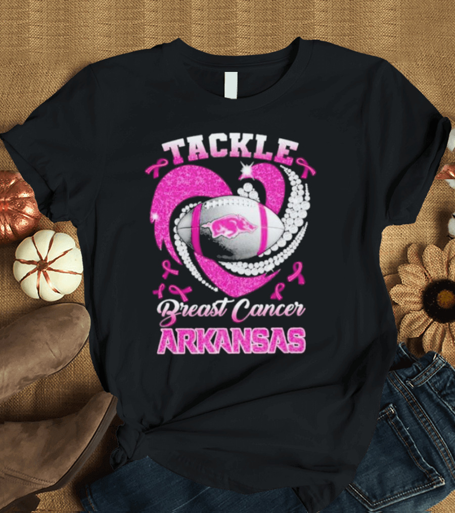 Arkansas Razorbacks Tackle Breast Cancer Pink Ribbon Heart Football T-Shirt