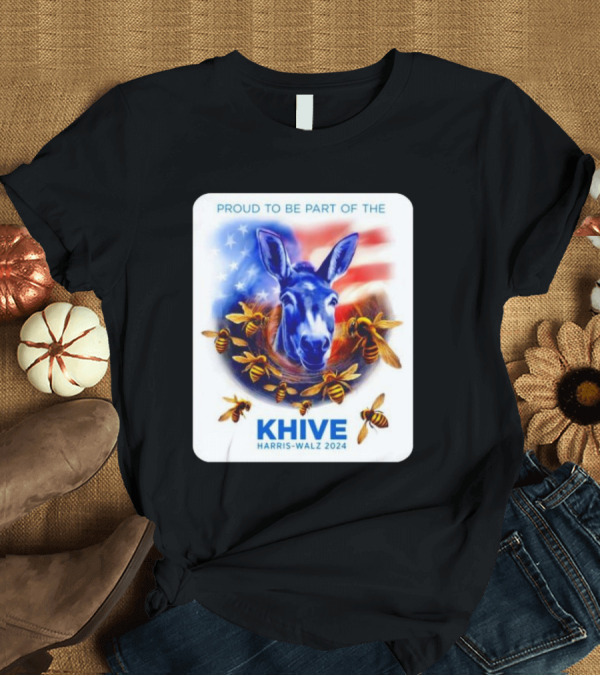 T-Shirt: Proud to be Part of the KHIVE Harris-Walz 2024 Donkey with Bees USA Flag T-Shirt Proud to be Part of the KHIVE Harris-Walz 2024 Donkey with Bees USA Flag T-Shirt