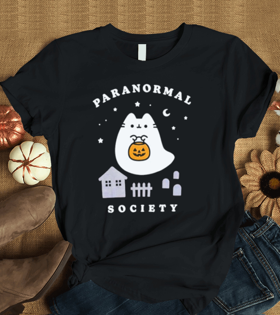 Paranormal Society Cat Boo Halloween Moon Stars Pumpkin Graves T-Shirt