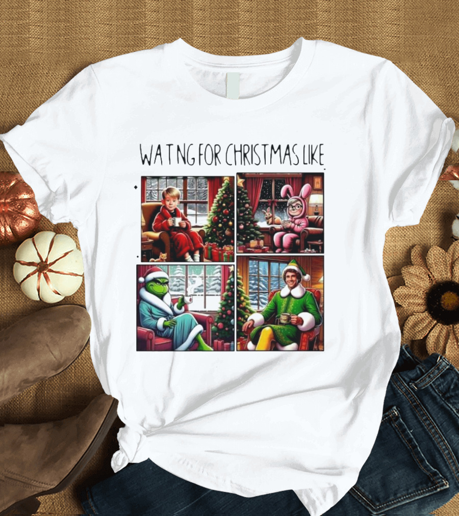 Waiting for Christmas Like Iconic Holiday Characters with Christmas Tree and Cozy Living Room Scene T-Shirt