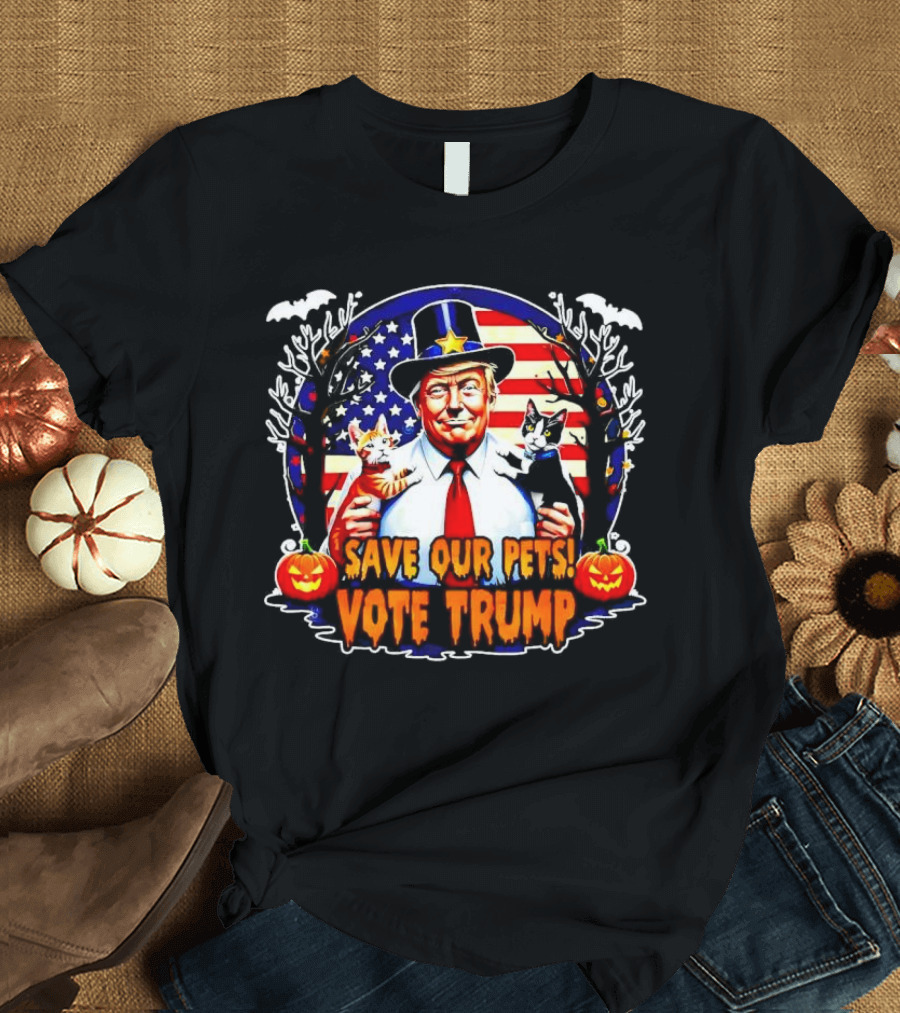Save Our Pets Cats Vote Trump Halloween American Flag Pumpkins Bats T-Shirt
