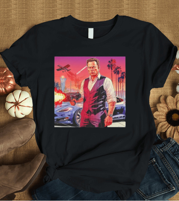 T-Shirt: Grand Theft Auto Elon Musk Sunset Shootout with Palm Trees and Jetstream T-Shirt Grand Theft Auto Elon Musk Sunset Shootout with Palm Trees and Jetstream T-Shirt