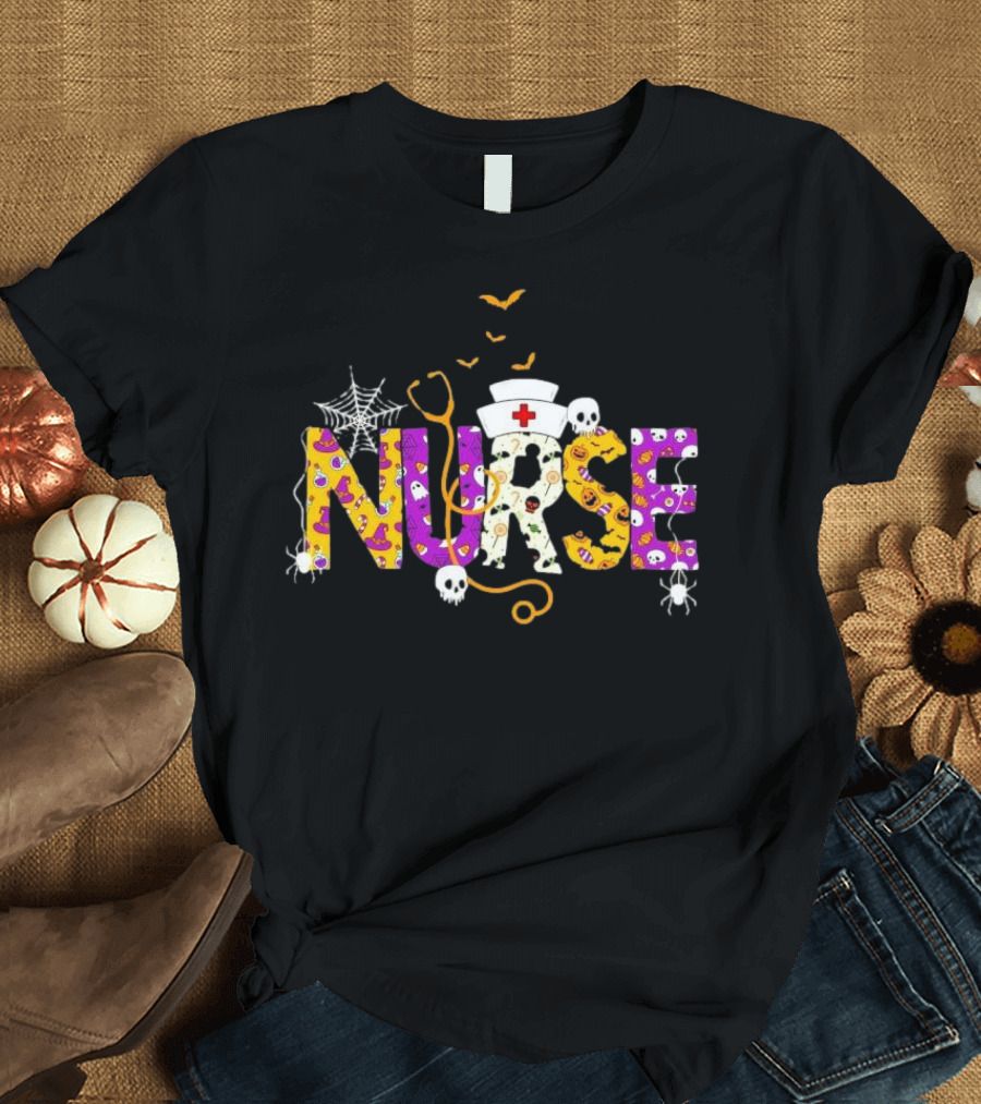 Nurse Halloween Spiders Web Skulls Bats T-Shirt
