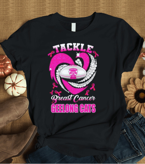 T-Shirt: Tackle Breast Cancer Geelong Cats Pink Ribbon Football Heart T-Shirt Tackle Breast Cancer Geelong Cats Pink Ribbon Football Heart T-Shirt