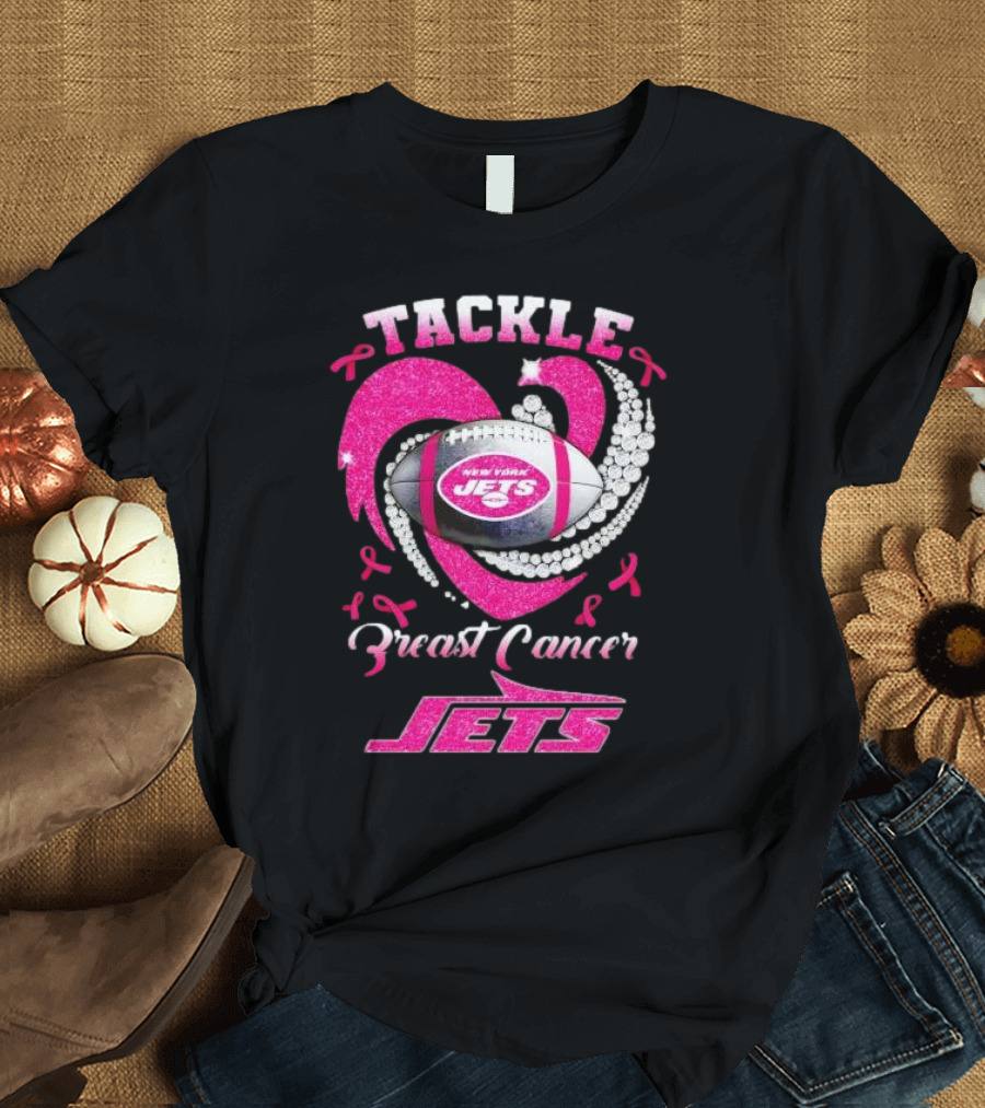 Tackle Breast Cancer New York Jets Football Heart Pink Ribbons T-Shirt