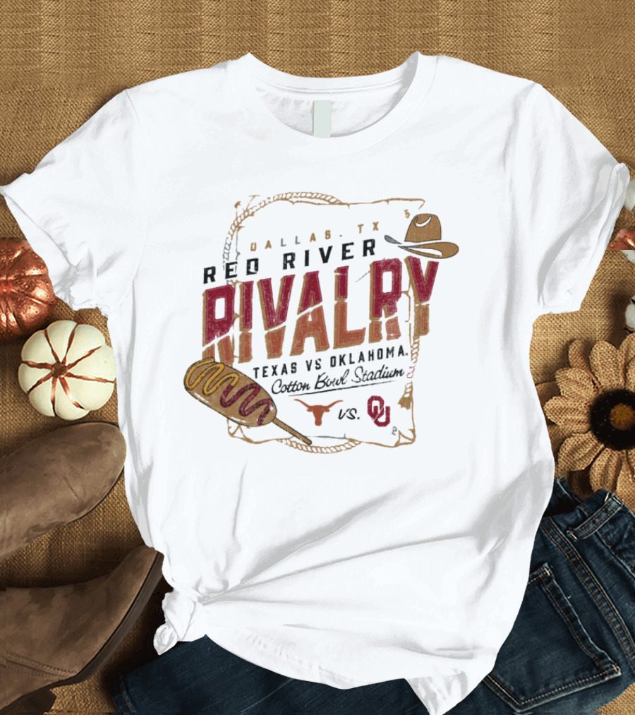 Dallas TX Red River Rivalry Texas vs Oklahoma Cotton Bowl Stadium Corn Dog Match Up T-Shirt