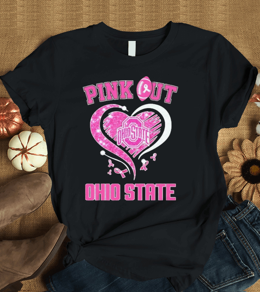 Ohio State Pink Out Breast Cancer Heart Football T-Shirt