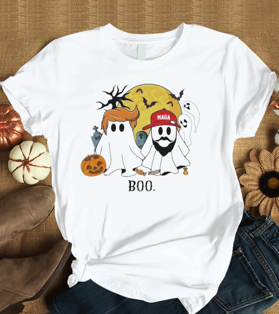 Boo Halloween Trump Vance MAGA Ghosts Pumpkin Graveyard Moon Bats T-Shirt