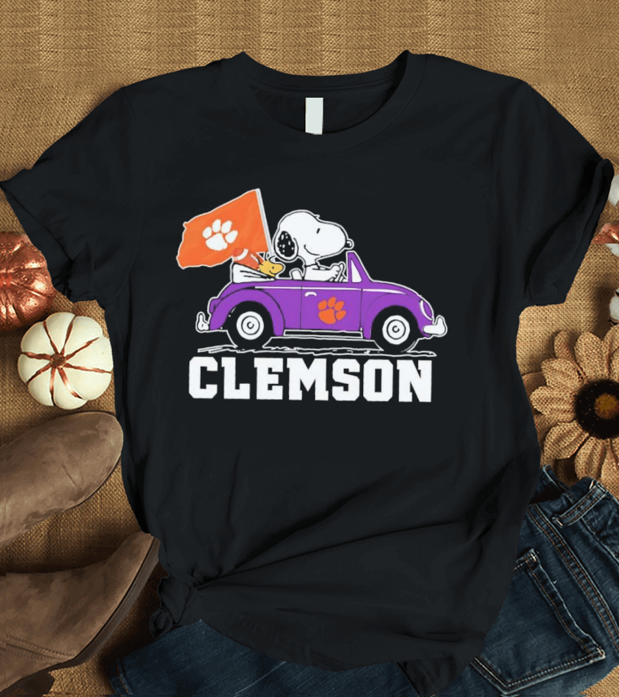 Snoopy and Woodstock in Purple Car with Clemson Flag T-Shirt