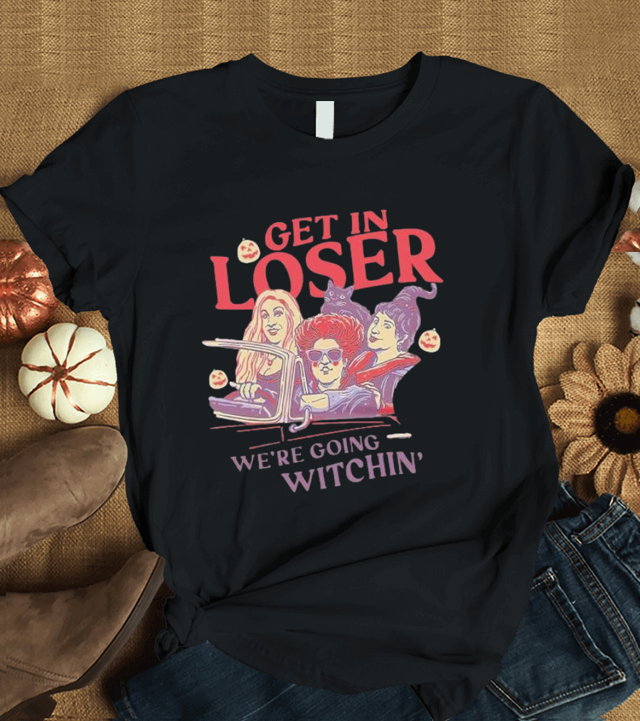 Get in Loser We're Going Witchin Halloween Scene with Pumpkins and Black Cat T-Shirt