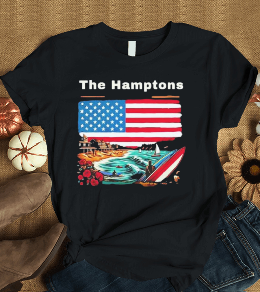 The Hamptons American Flag Beach Oceanside Surfing Scene T-Shirt