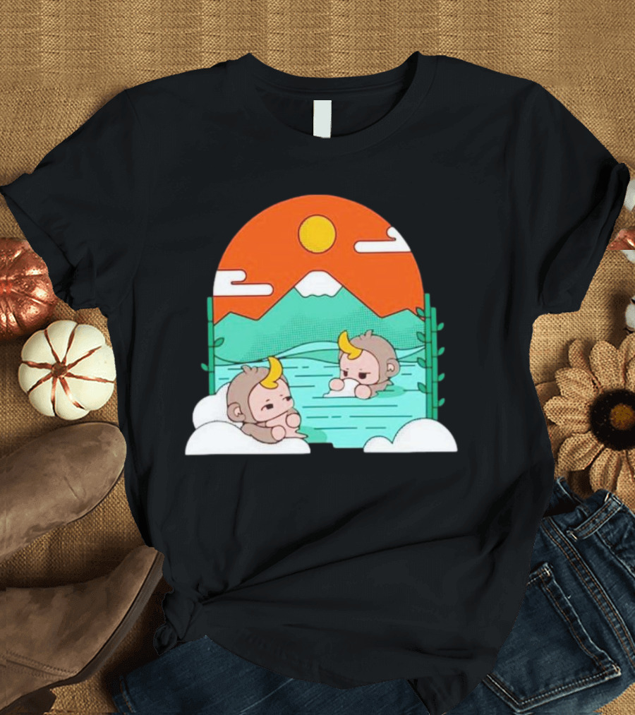 The Tranquil Monkey Hot Spring Relaxation Scene with Mountains and Sun T-Shirt