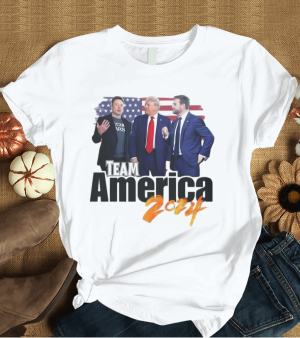 T-Shirt: Team America 2024 Musk Trump Vance American Flag Background T-Shirt Team America 2024 Musk Trump Vance American Flag Background T-Shirt