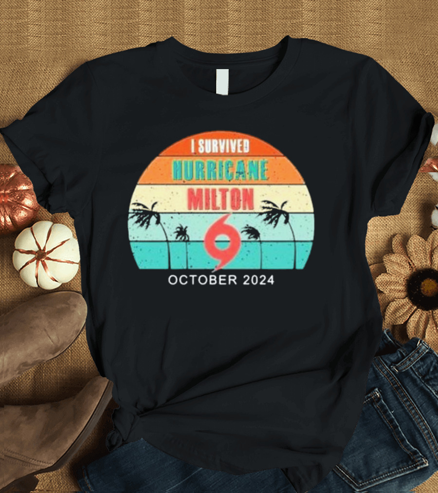 I Survived Hurricane Milton October 2024 Retro Stripe Palms Badge T-Shirt