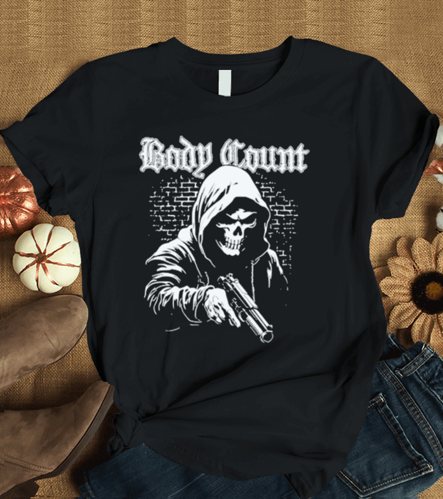 Body Count Hooded Skull with Gun Brick Wall Background T-Shirt