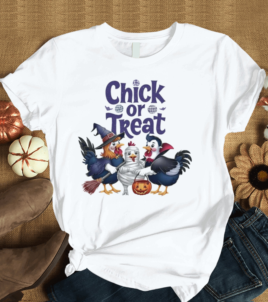 Chick or Treat Halloween Chickens in Witch Costumes with Broom Mummy and Pumpkin T-Shirt