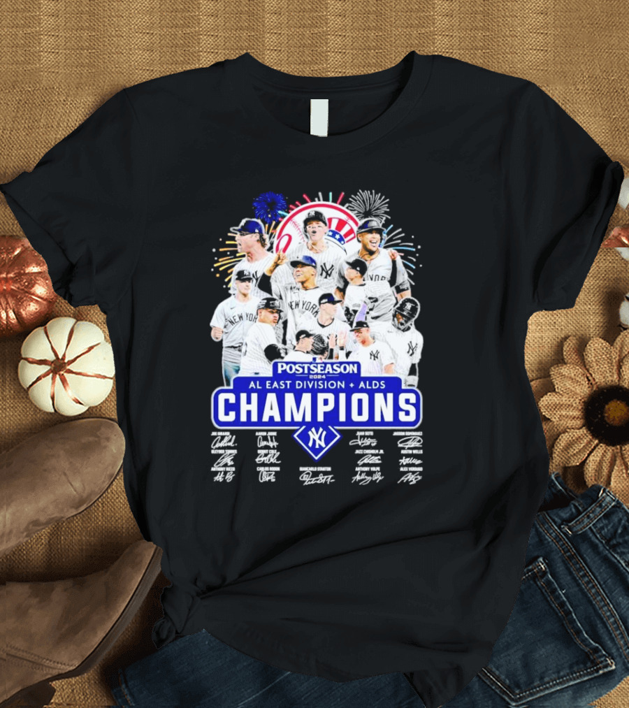 New York Yankees Postseason 2024 AL East Division ALDS Champions Signatures Players Fireworks T-Shirt