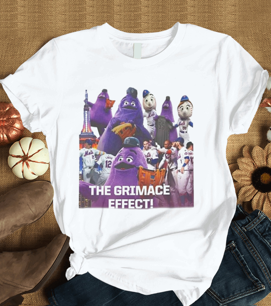 New York Mets The Grimace Effect Baseball Collaboration with Mascot Imagery and Player Interaction T-Shirt