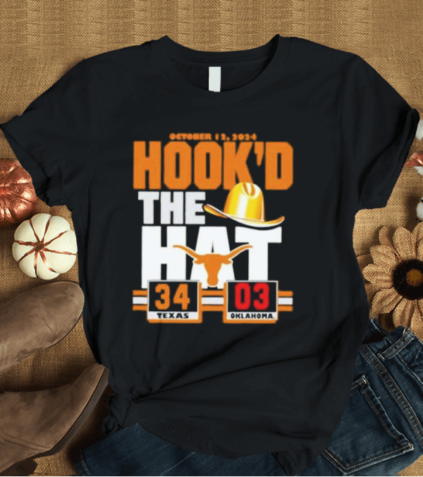 T-Shirt: October 12, 2024 Hook’d the Hat 34 Texas Longhorns 3 Oklahoma Sooners T-Shirt October 12, 2024 Hook’d the Hat 34 Texas Longhorns 3 Oklahoma Sooners T-Shirt