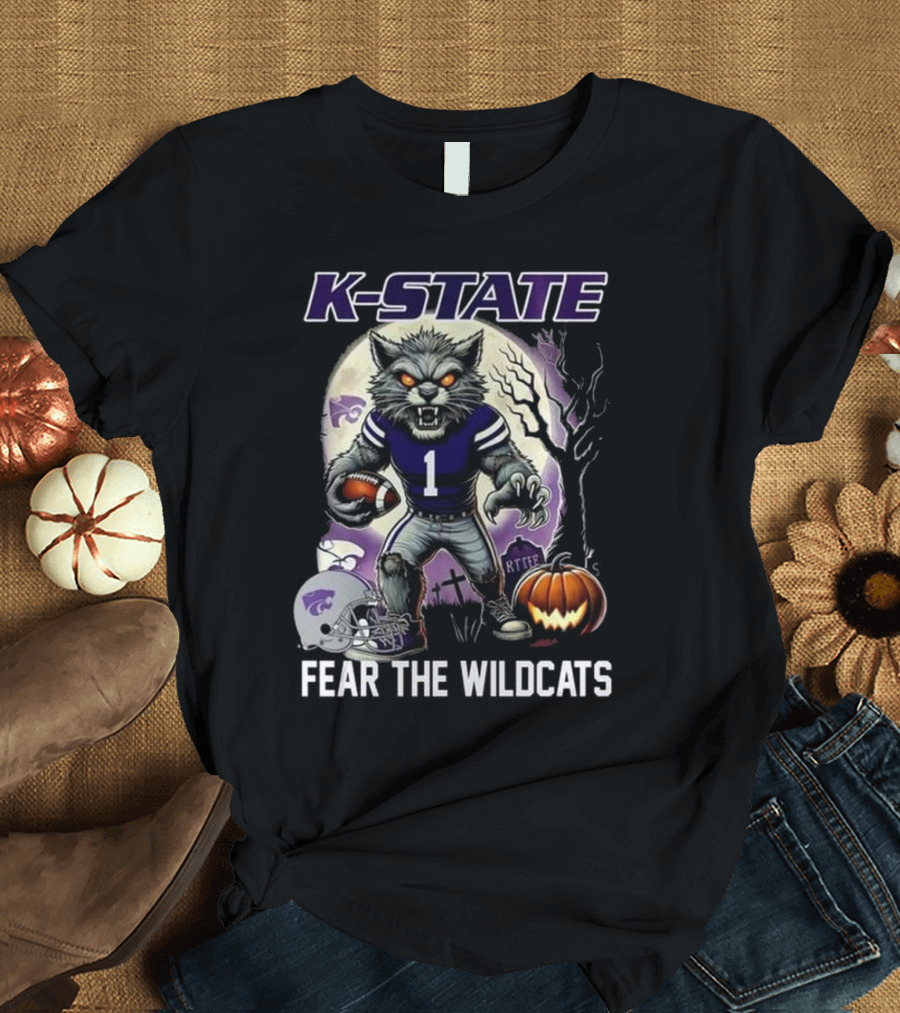 K-State Wildcats Halloween Football Fear the Wildcats With Ferocious Wolf and Pumpkin T-Shirt