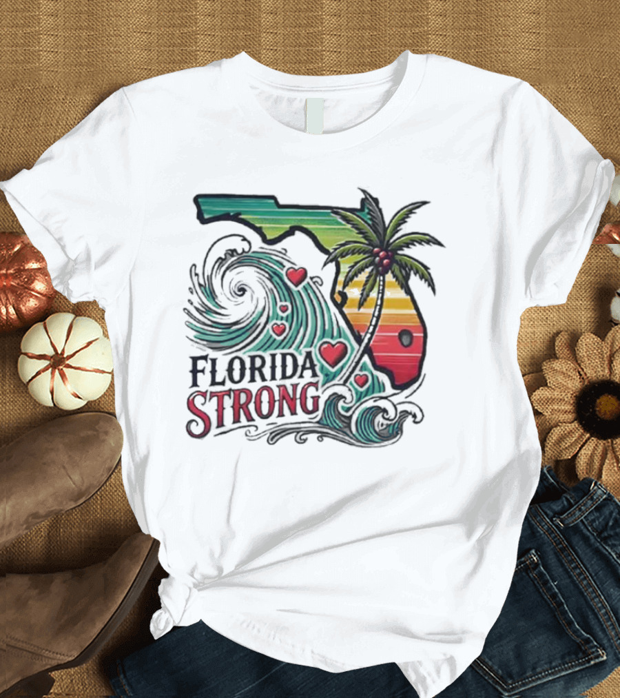 Womens Florida Strong State Outline with Palm Tree and Waves T-Shirt
