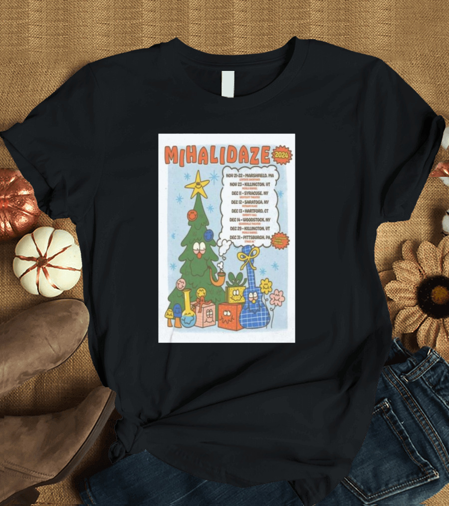 MIHALI DAZE 2024 Tour Dates Holiday Cartoon Christmas Tree and Wrapped Gifts T-Shirt
