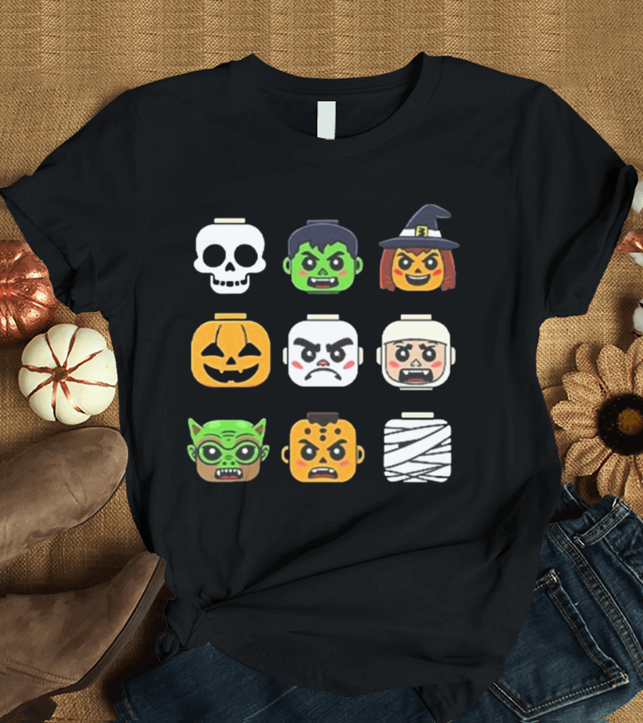 Halloween Zombie Ghost Pumpkin Witch Skull Mummy Building Block Head Boys T-Shirt