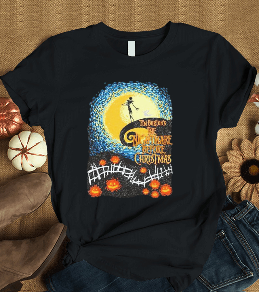 Tim Burton's The Nightmare Before Christmas Starry Night Vintage Pumpkin Fence T-Shirt